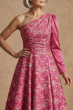 Fuchsia Floral One Shoulder A Line Long Mother of the Bride Dress with Sleeves