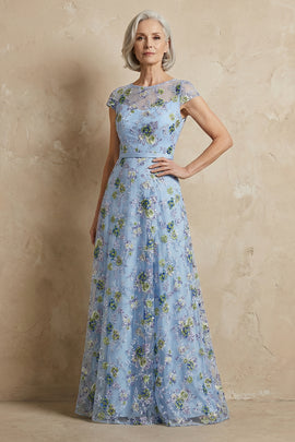 Blue Floral Long Mother of the Bride Dress Short Sleeves Illusion Round Neck Appliqued A Line Formal Dress
