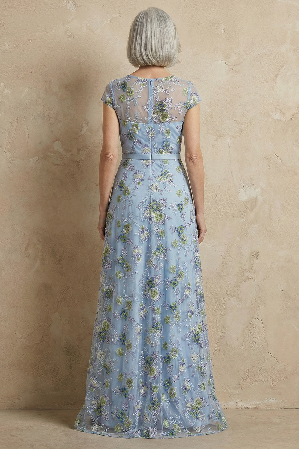 Zapakasa Women Blue Floral Long Mother of the Bride Dress Short Sleeves Illusion Round Neck Appliqued A Line Formal Dress Zapakasa Women Blue Floral Long Mother of the Bride Dress Short Sleeves Illusion Round Neck Appliqued A Line Formal Dress