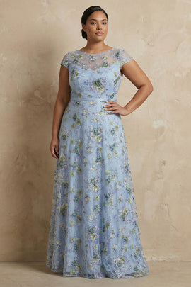Plus Size Blue Round Neck Floral A Line Appliqued Long Mother of the Bride Dress