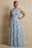 Plus Size Blue Round Neck Floral A Line Appliqued Long Mother of the Bride Dress