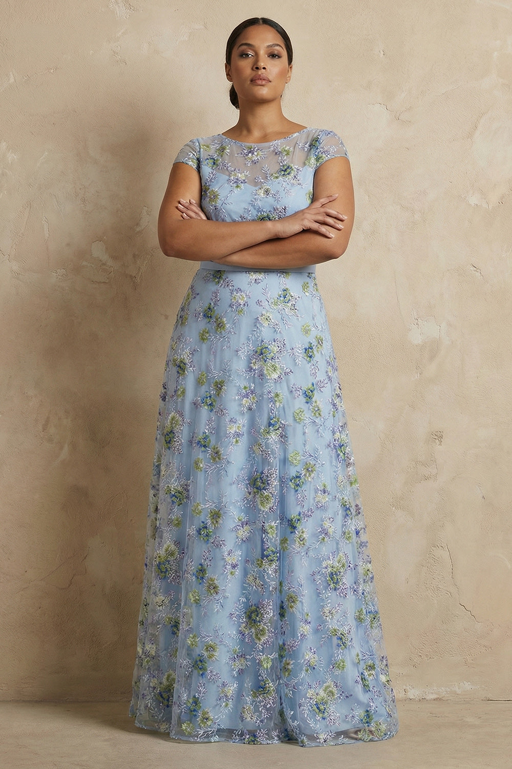 Zapakasa Women Blue Floral Long Mother of the Bride Dress Short Sleeves Illusion Round Neck Appliqued A Line Formal Dress Zapakasa Women Blue Floral Long Mother of the Bride Dress Short Sleeves Illusion Round Neck Appliqued A Line Formal Dress