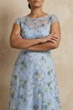 Plus Size Blue Round Neck Floral A Line Appliqued Long Mother of the Bride Dress