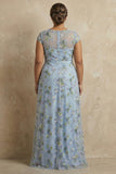 Plus Size Blue Round Neck Floral A Line Appliqued Long Mother of the Bride Dress