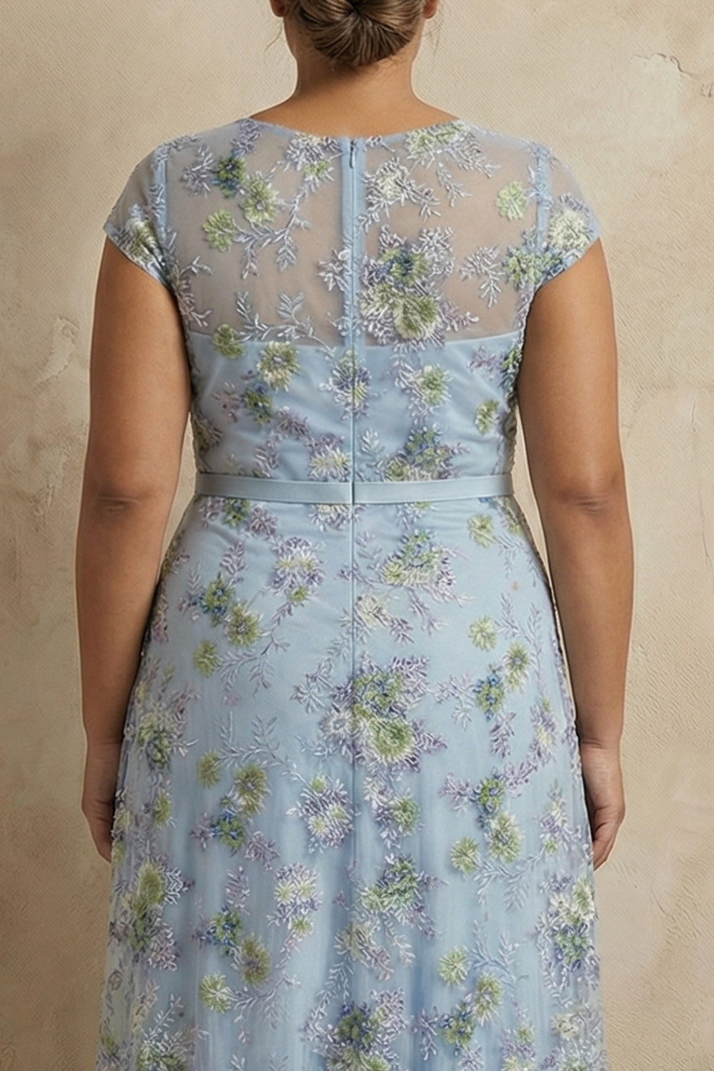 Plus Size Blue Round Neck Floral A Line Appliqued Long Mother of the Bride Dress