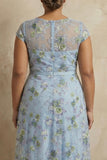 Plus Size Blue Round Neck Floral A Line Appliqued Long Mother of the Bride Dress