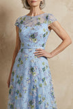 Floral Blue Round Neck A Line Long Mother of the Bride Dress with Appliques