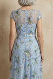 Floral Blue Round Neck A Line Long Mother of the Bride Dress with Appliques