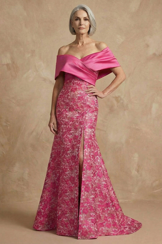 Fuchsia Floral Mermaid Off the Shoulder Long Mother of the Bride Dress with Slit