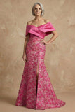 Floral Fuchsia Plus Size Off the Shoulder Mermaid Long Mother of the Bride Dress with Slit