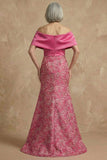 Floral Fuchsia Plus Size Off the Shoulder Mermaid Long Mother of the Bride Dress with Slit