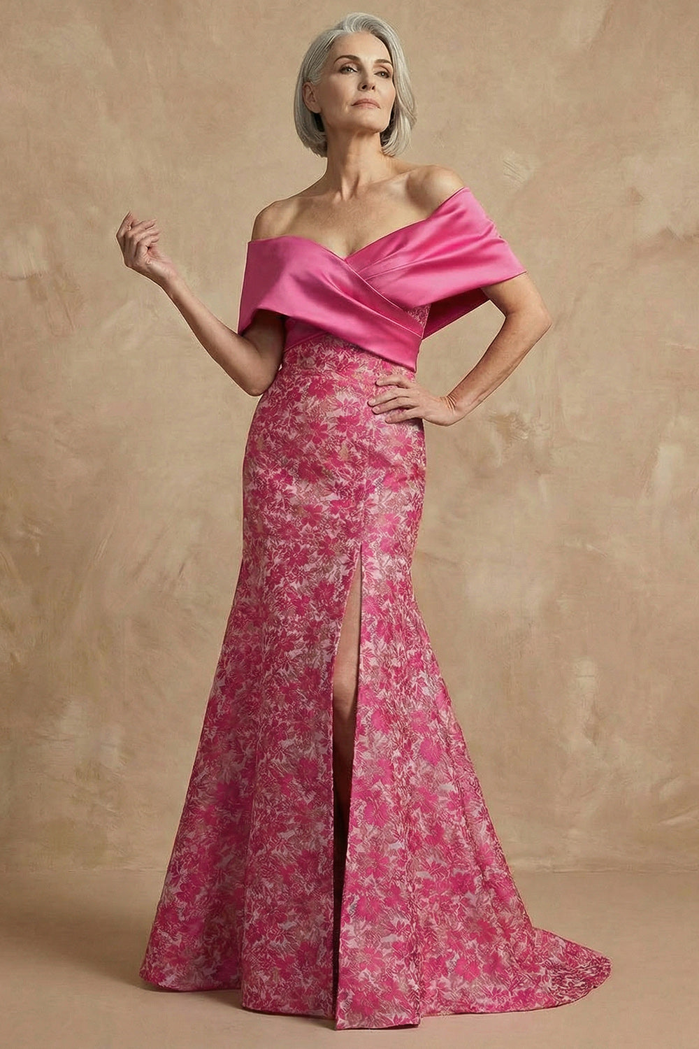 Zapakasa Women Fuchsia Floral Long Mother of the Bride Dress with Slit  Mermaid Off the Shoulder Formal Dress