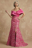 Fuchsia Floral Mermaid Off the Shoulder Long Mother of the Bride Dress with Slit