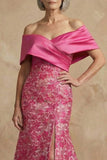 Fuchsia Floral Mermaid Off the Shoulder Long Mother of the Bride Dress with Slit