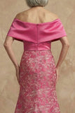 Fuchsia Floral Mermaid Off the Shoulder Long Mother of the Bride Dress with Slit