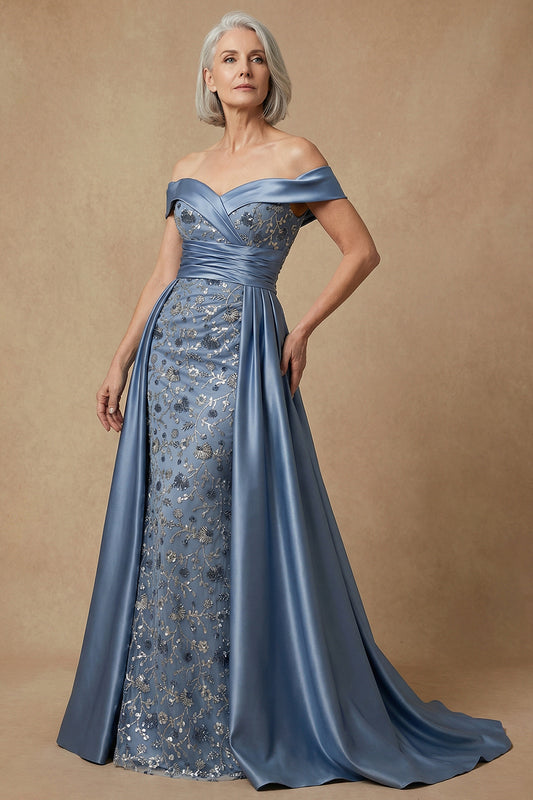 Dusty Blue Floral Off the Shoulder Appliqued Long Mother of the Bride Dress