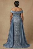 Plus Size Dusty Blue Floral Appliqued Off the Shoulder Long Mother of the Bride Dress