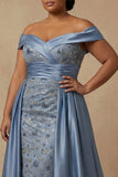 Plus Size Dusty Blue Floral Appliqued Off the Shoulder Long Mother of the Bride Dress