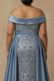 Plus Size Dusty Blue Floral Appliqued Off the Shoulder Long Mother of the Bride Dress