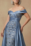 Dusty Blue Floral Off the Shoulder Appliqued Long Mother of the Bride Dress