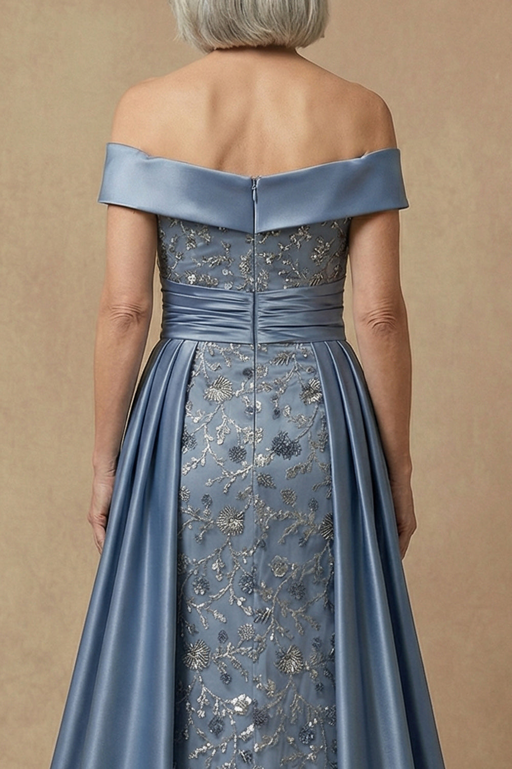 Dusty Blue Floral Off the Shoulder Appliqued Long Mother of the Bride Dress