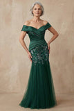 Sparkly Floral Dark Green Plus Size Off the Shoulder Long Mermaid Mother of the Bride Dress with Appliques
