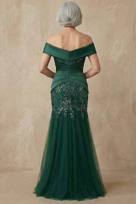 Sparkly Dark Green Floral Off the Shoulder Mermaid Long Mother of the Bride Dress with Appliques