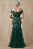 Sparkly Floral Dark Green Plus Size Off the Shoulder Long Mermaid Mother of the Bride Dress with Appliques