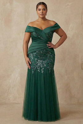 Sparkly Floral Dark Green Plus Size Off the Shoulder Long Mermaid Mother of the Bride Dress with Appliques