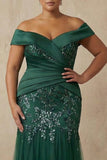Sparkly Floral Dark Green Plus Size Off the Shoulder Long Mermaid Mother of the Bride Dress with Appliques