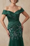 Sparkly Dark Green Floral Off the Shoulder Mermaid Long Mother of the Bride Dress with Appliques