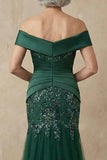 Sparkly Dark Green Floral Off the Shoulder Mermaid Long Mother of the Bride Dress with Appliques