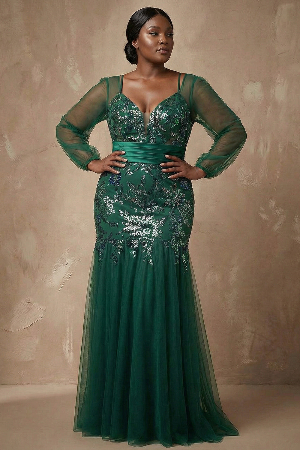 Sparkly Plus Size Dark Green Floral Appliqued Mermaid Long Sleeves Mother of the Bride Dress