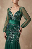 Sparkly Dark Green Floral Mermaid Appliqued Long Sleeves Mother of the Bride Dress