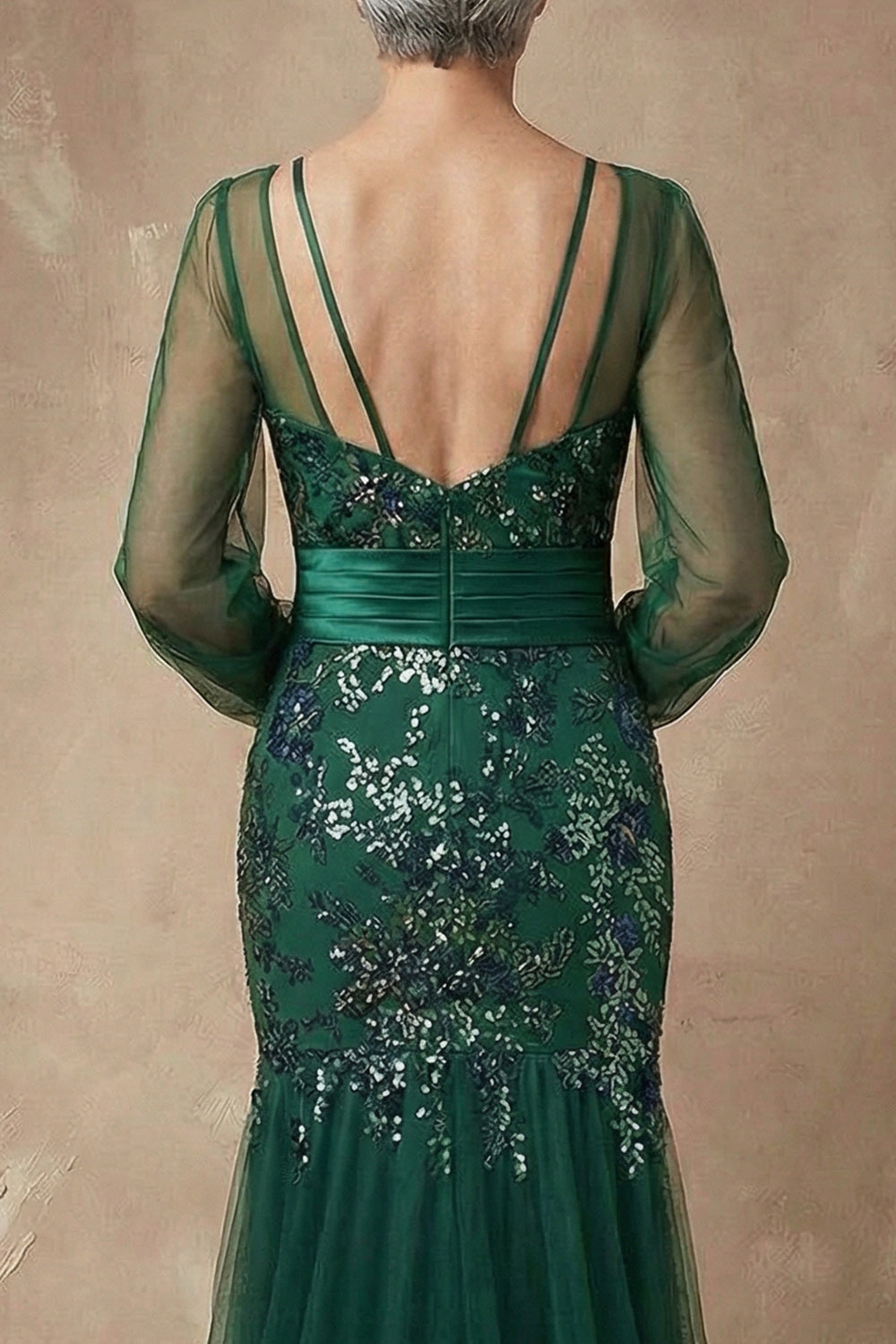 Sparkly Dark Green Floral Mermaid Appliqued Long Sleeves Mother of the Bride Dress