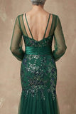 Sparkly Dark Green Floral Mermaid Appliqued Long Sleeves Mother of the Bride Dress
