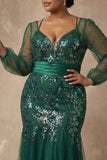 Sparkly Plus Size Dark Green Floral Appliqued Mermaid Long Sleeves Mother of the Bride Dress