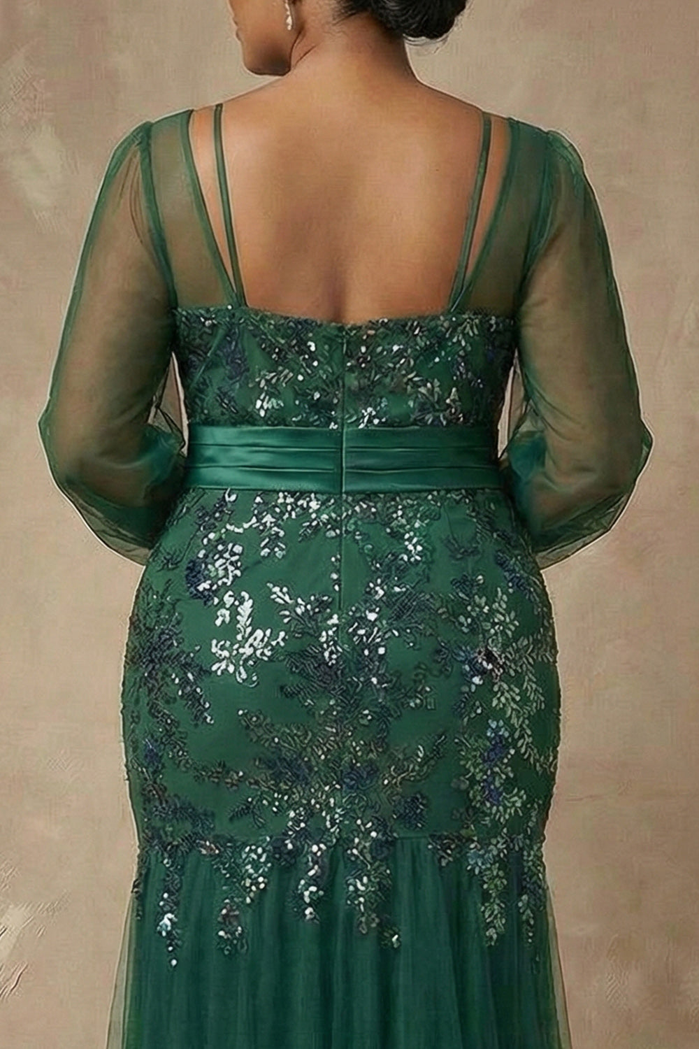 Sparkly Plus Size Dark Green Floral Appliqued Mermaid Long Sleeves Mother of the Bride Dress
