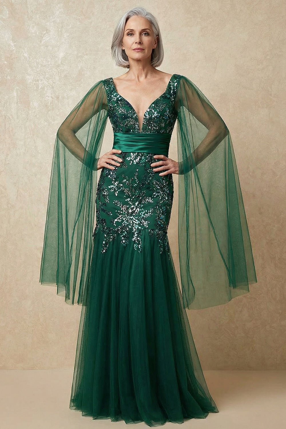 Sparkly Dark Green Plus Size Floral Appliqued Mermaid Long Mother of the Bride Dress with Cape
