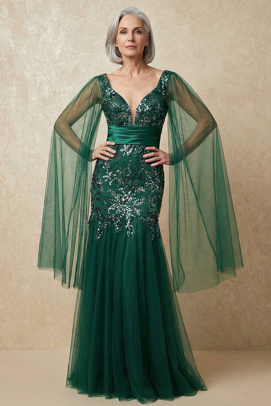 Sparkly Dark Green Appliqued Floral Mermaid Long Mother of the Bride Dress with Cape