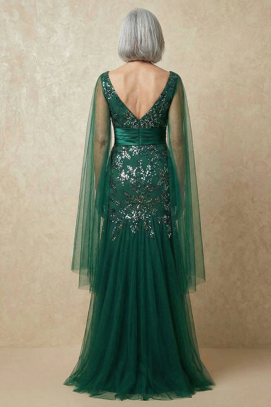 Sparkly Dark Green Appliqued Floral Mermaid Long Mother of the Bride Dress with Cape