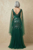 Sparkly Dark Green Plus Size Floral Appliqued Mermaid Long Mother of the Bride Dress with Cape