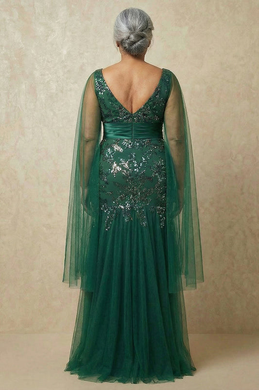 Sparkly Dark Green Plus Size Floral Appliqued Mermaid Long Mother of the Bride Dress with Cape