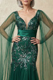 Sparkly Dark Green Appliqued Floral Mermaid Long Mother of the Bride Dress with Cape