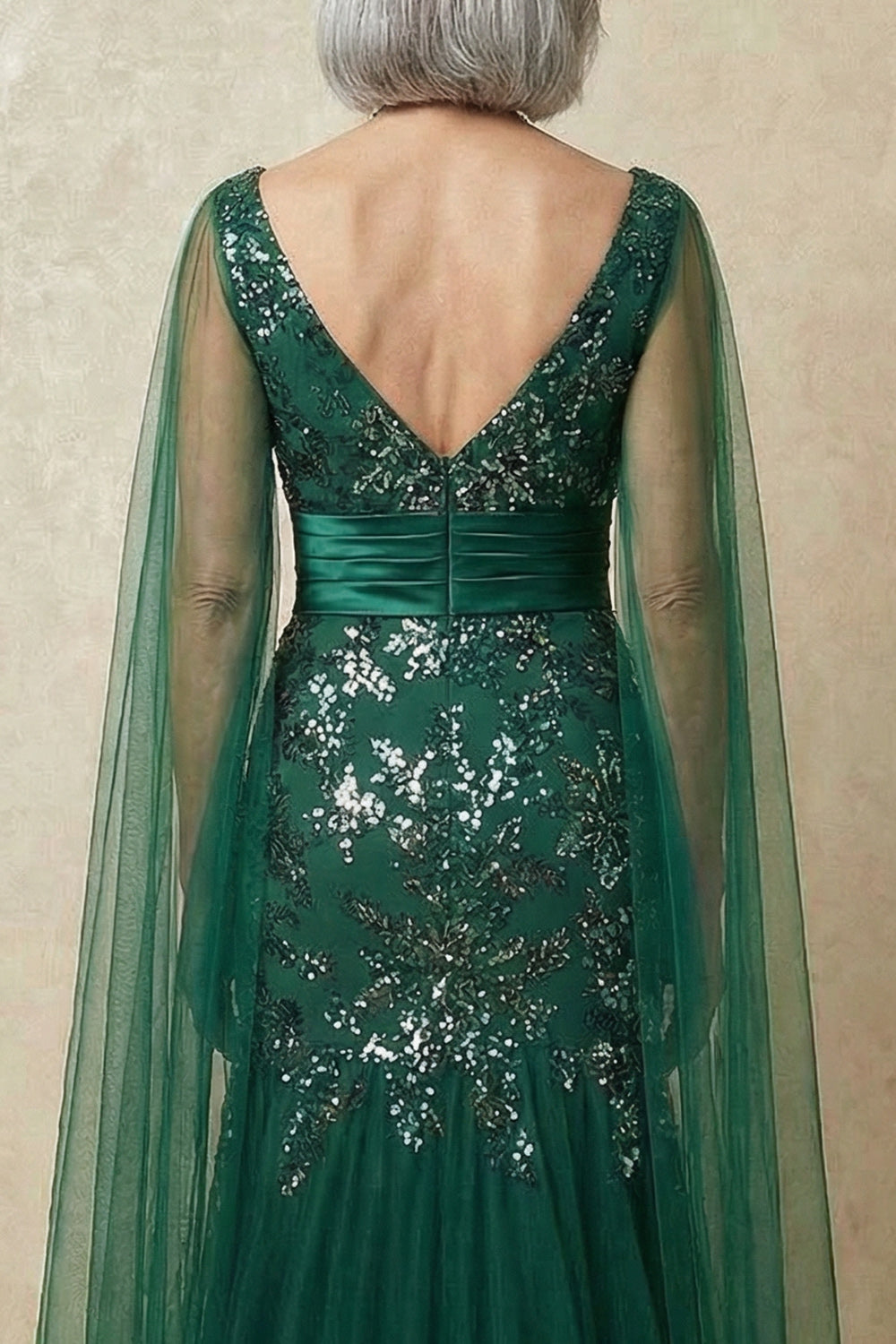 Sparkly Dark Green Appliqued Floral Mermaid Long Mother of the Bride Dress with Cape