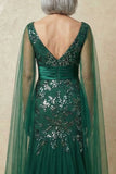 Sparkly Dark Green Appliqued Floral Mermaid Long Mother of the Bride Dress with Cape