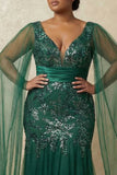 Sparkly Dark Green Plus Size Floral Appliqued Mermaid Long Mother of the Bride Dress with Cape