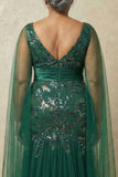 Sparkly Dark Green Plus Size Floral Appliqued Mermaid Long Mother of the Bride Dress with Cape