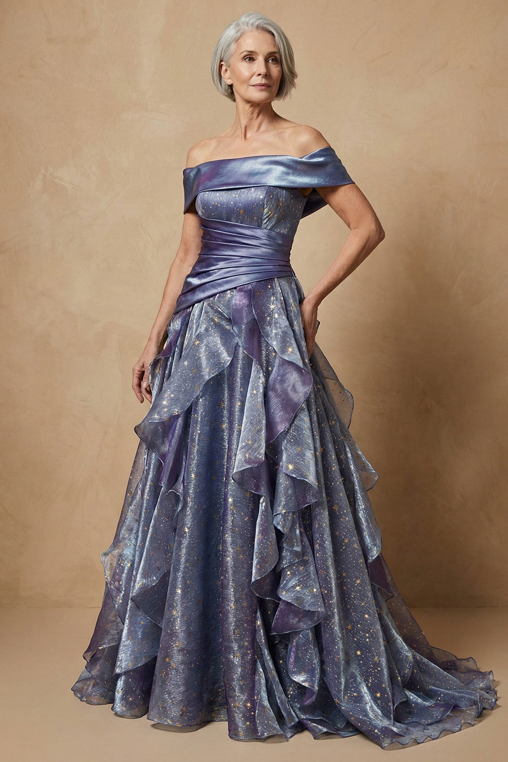 Sparkly Dusty Blue Off the Shoulder Ruffled Long Glitter Prom Dress Mother of the Bride Dress