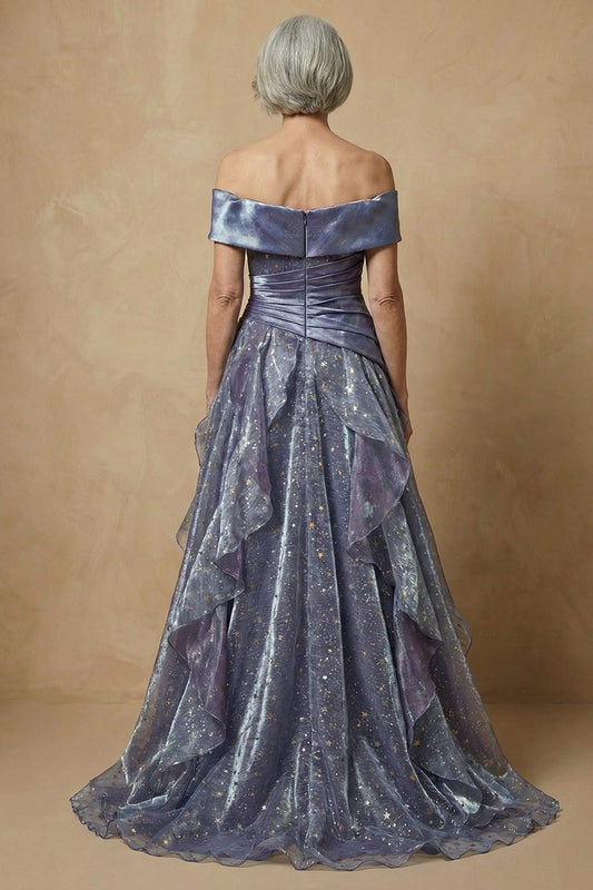 Sparkly Dusty Blue Off the Shoulder Ruffled Long Glitter Prom Dress Mother of the Bride Dress